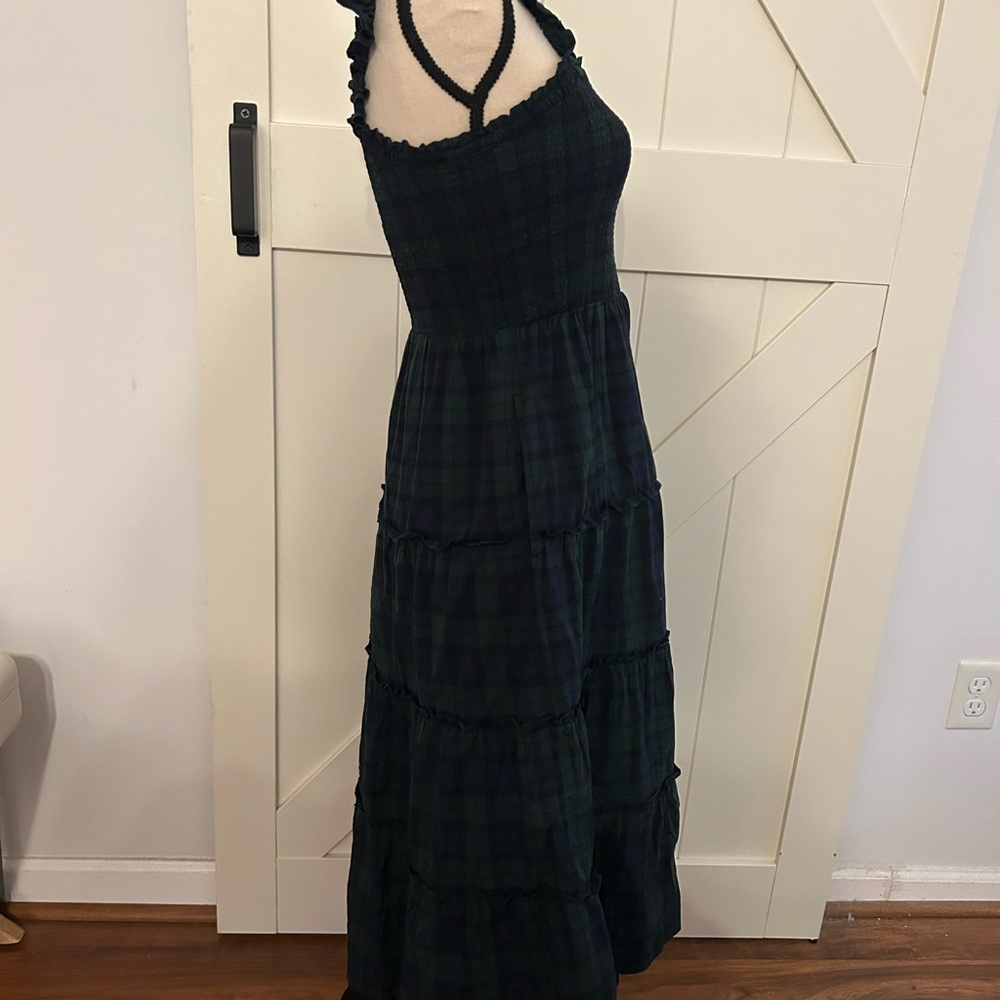 J Crew Re-imagined Tartan Plaid ruffle tiered dress green and navy XXS stretchy - Picture 6 of 12